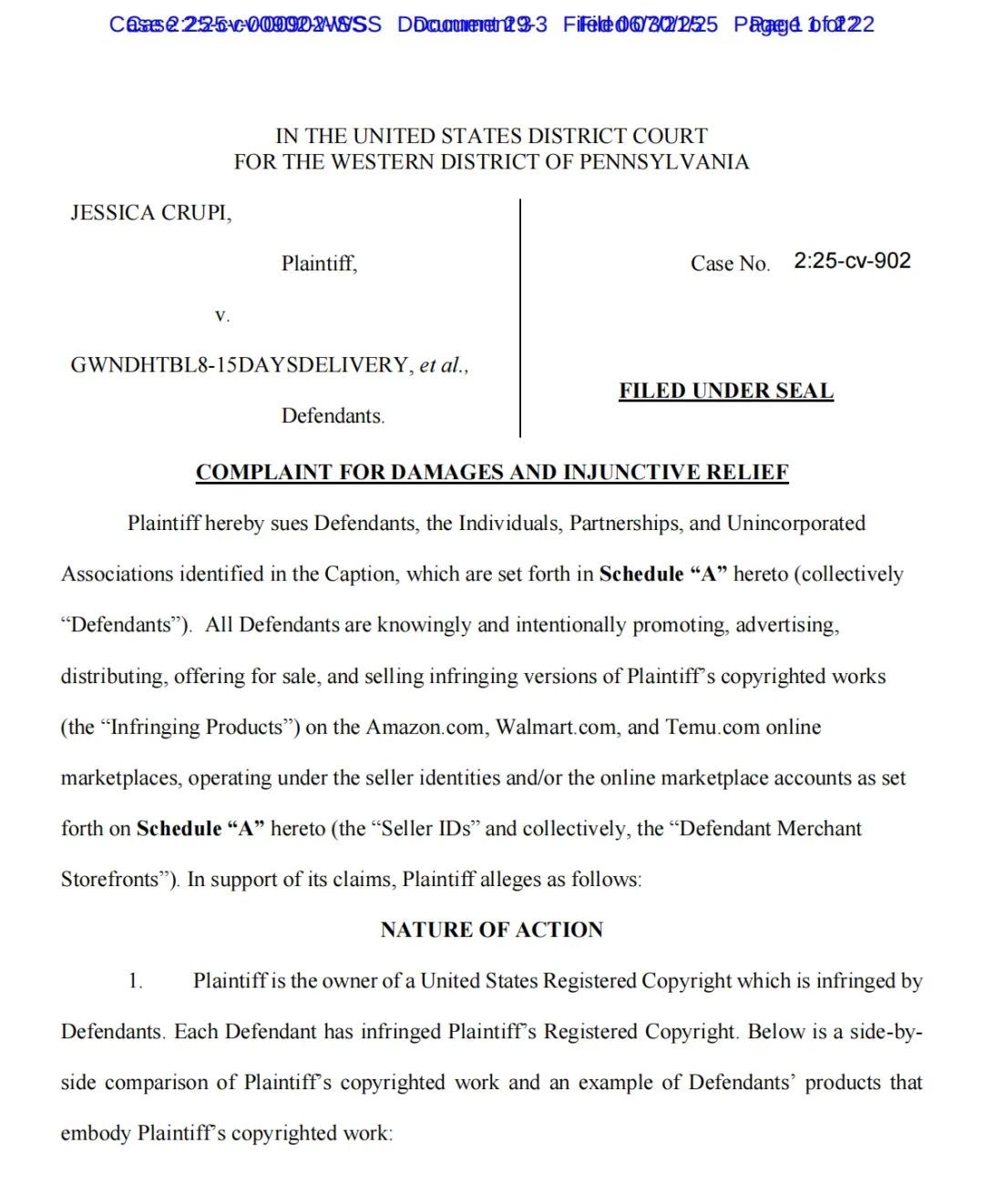 服饰卖家警惕：2025-cv-00902案件，一张抽象图片维权，60店被TRO冻结！