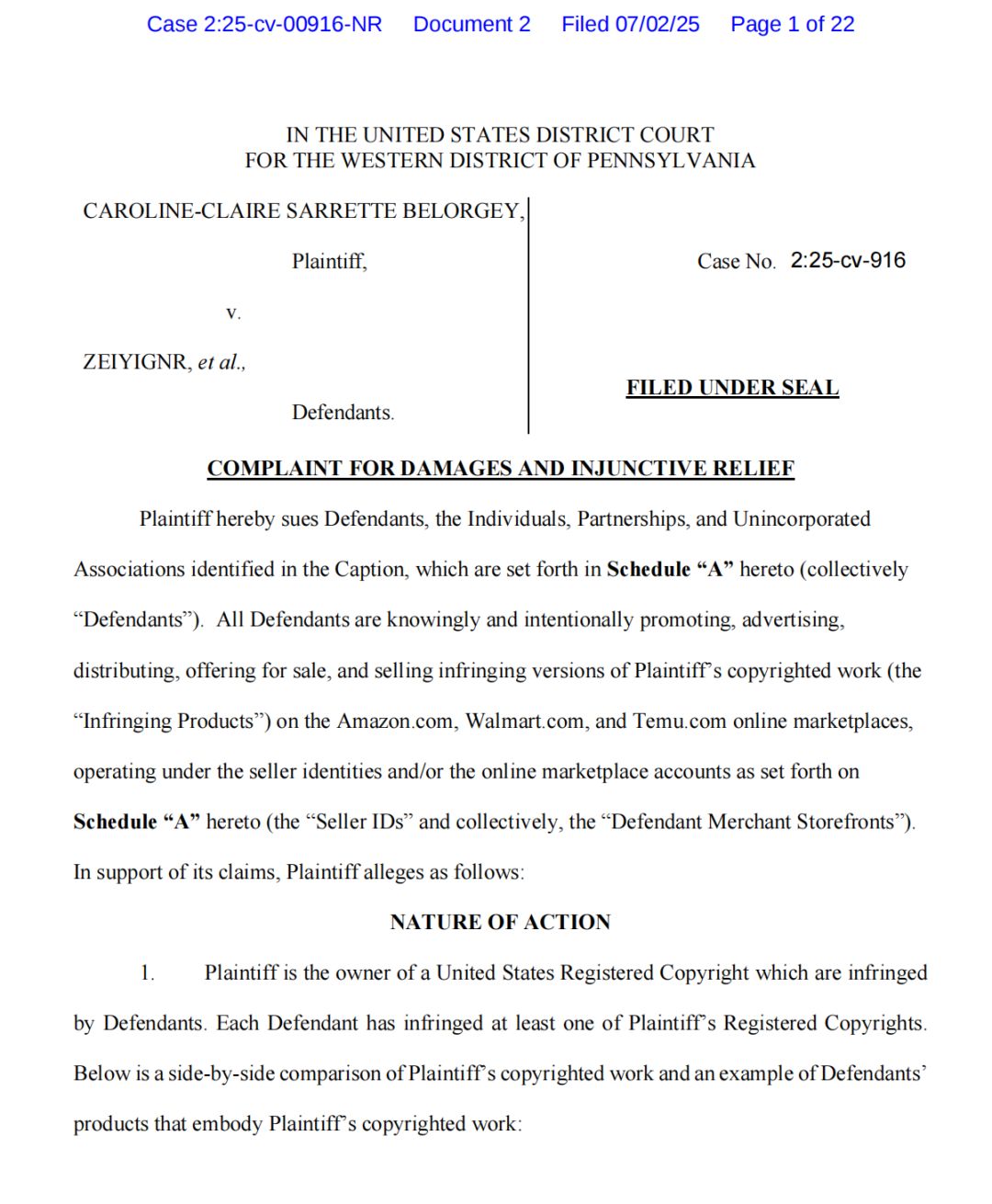 25-cv-00916，Caroline热带木槿图案维权，73店涉案！