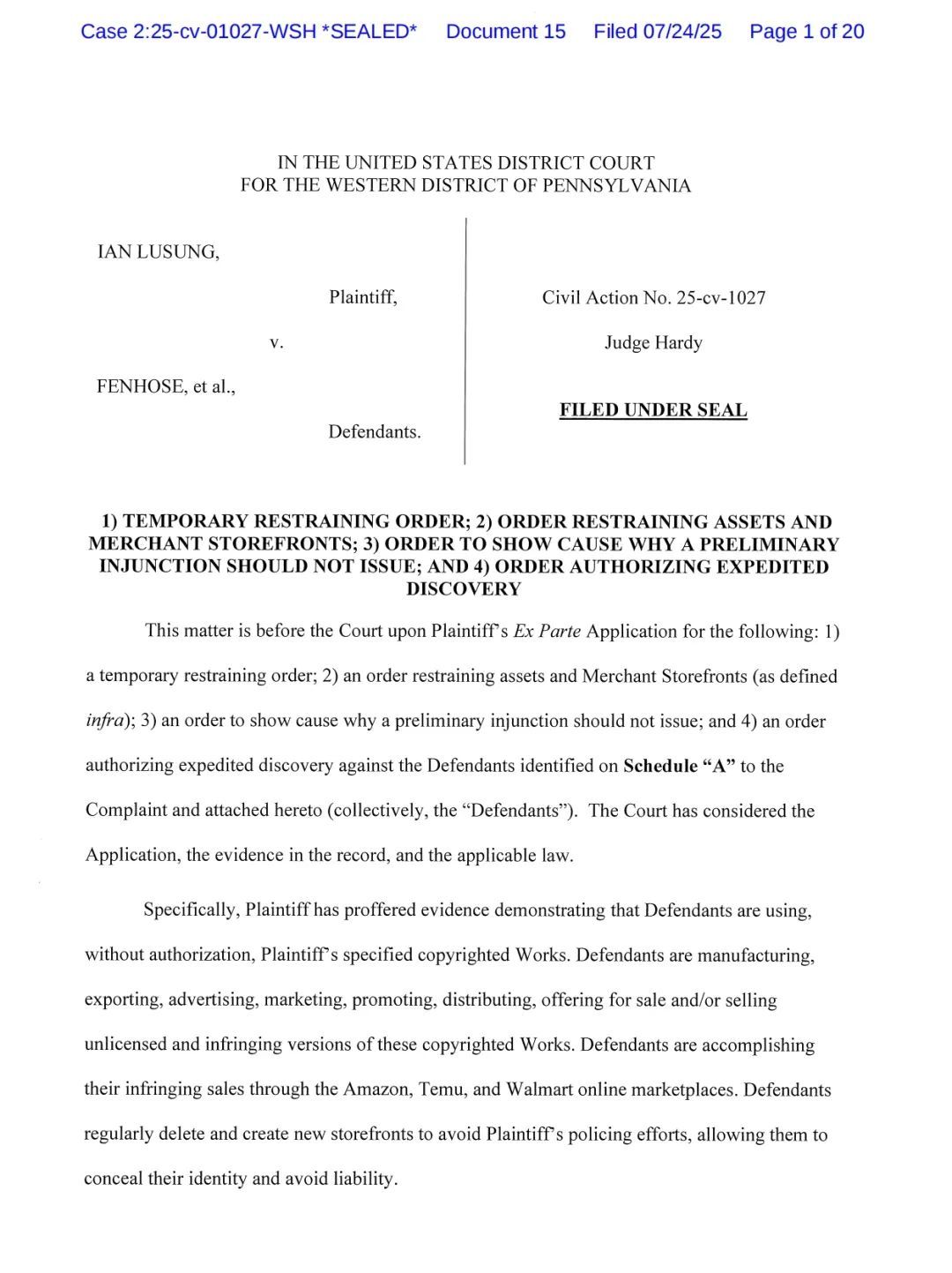 25-cv-01027,Ian Lusung版权持续维权，7个版权号TRO冻结193家店