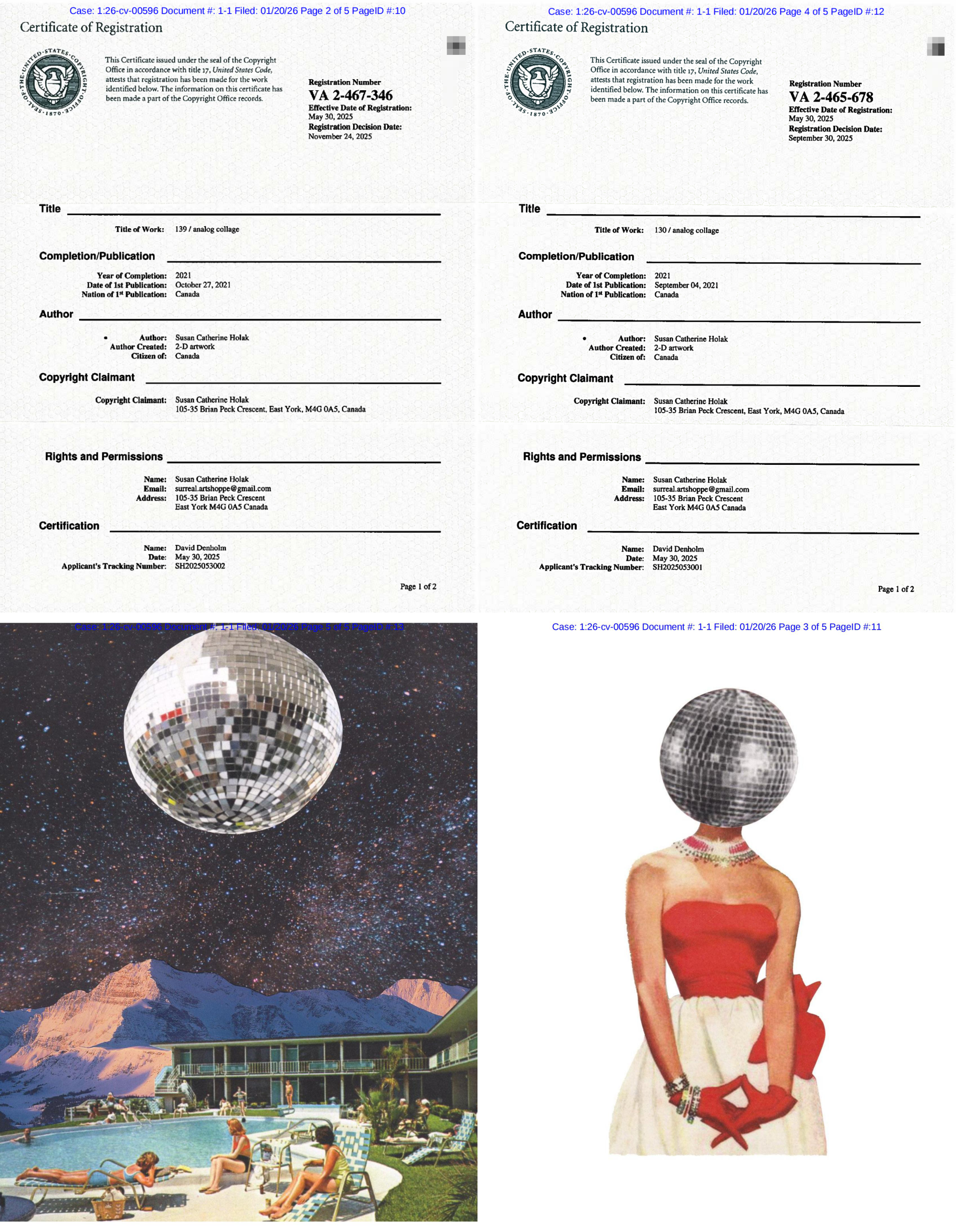 2026-cv-00596，Susan Catherine Holak超现实拼贴画3个版权！