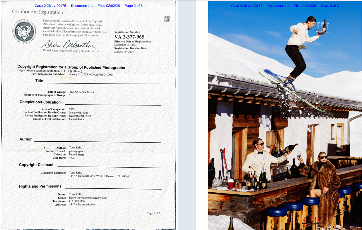 26-cv-00175，Tony Kelly天堂俱乐部作品维权，234店陷TRO冻结风险