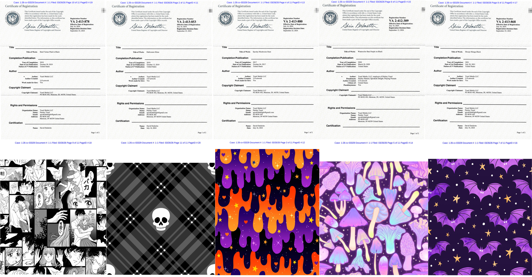 26-cv-03329，Yazel Media LLC第三轮版权维权爆发，159 店涉案，暗黑童话图案碰即侵权