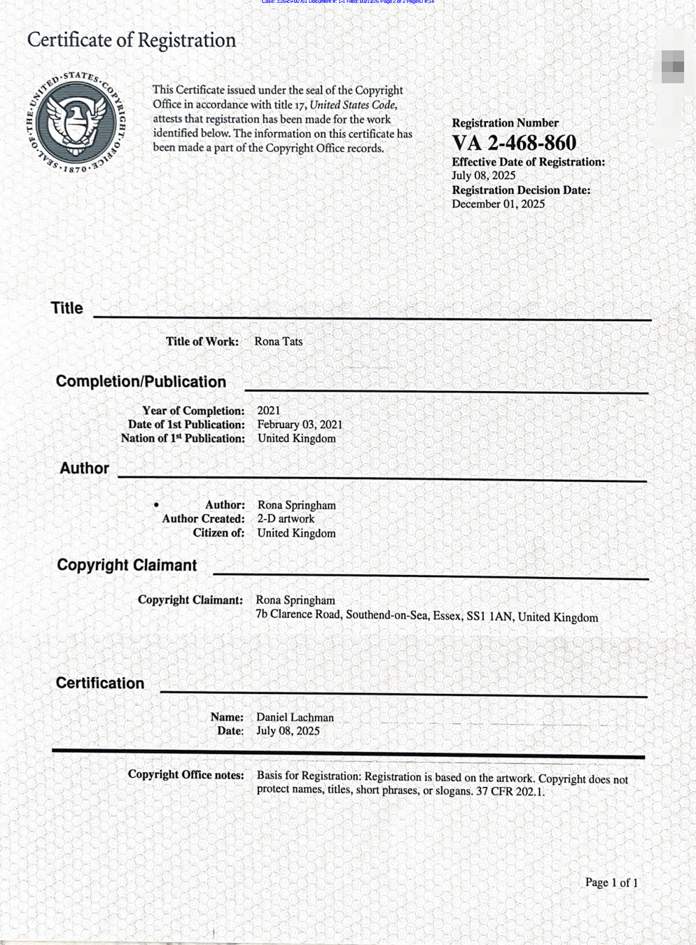 26-cv-02761，David律所代理Rona纹身隐匿维权