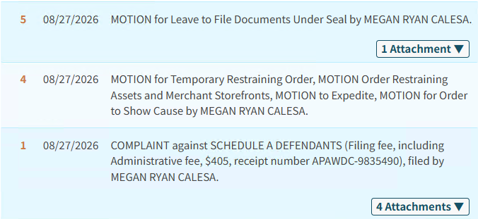 26-cv-01796 Megan Ryan Calesa版权案：73名卖家被诉，TRO动议已提交