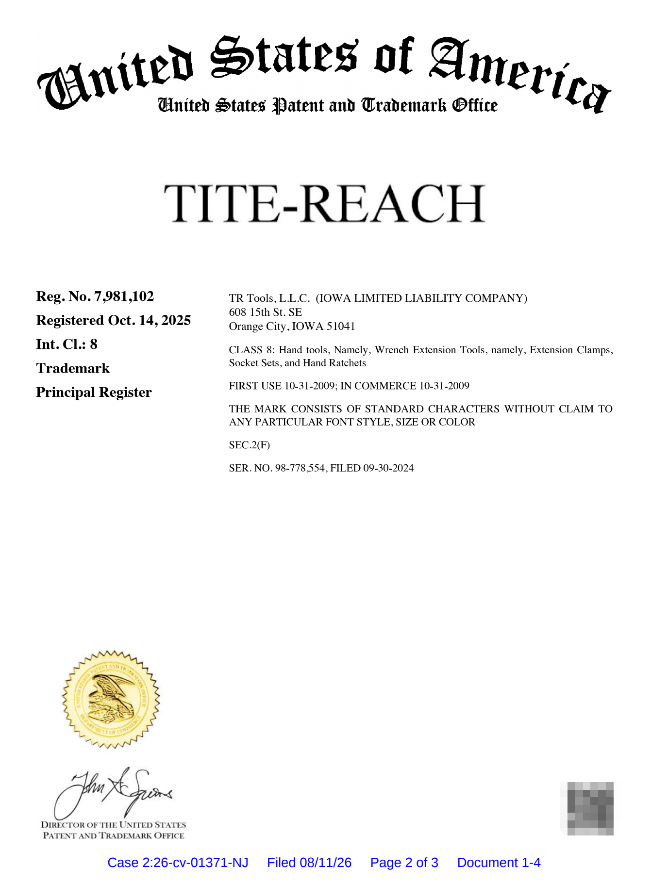 26-cv-01371 TITE-REACH商标案立案,加长扳手卖家立即自查