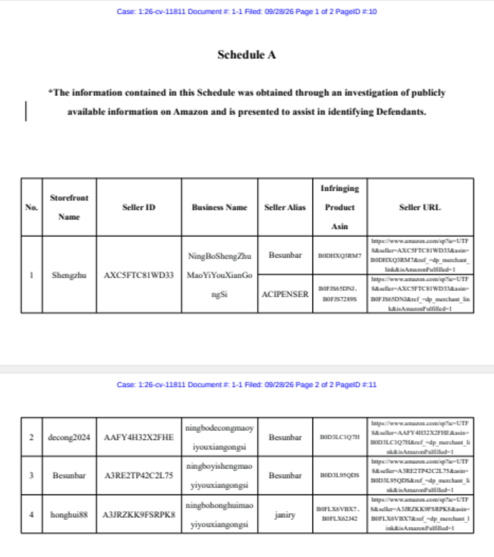 26-cv-11811|看台椅外观专利案立案,4家Amazon店被列被告