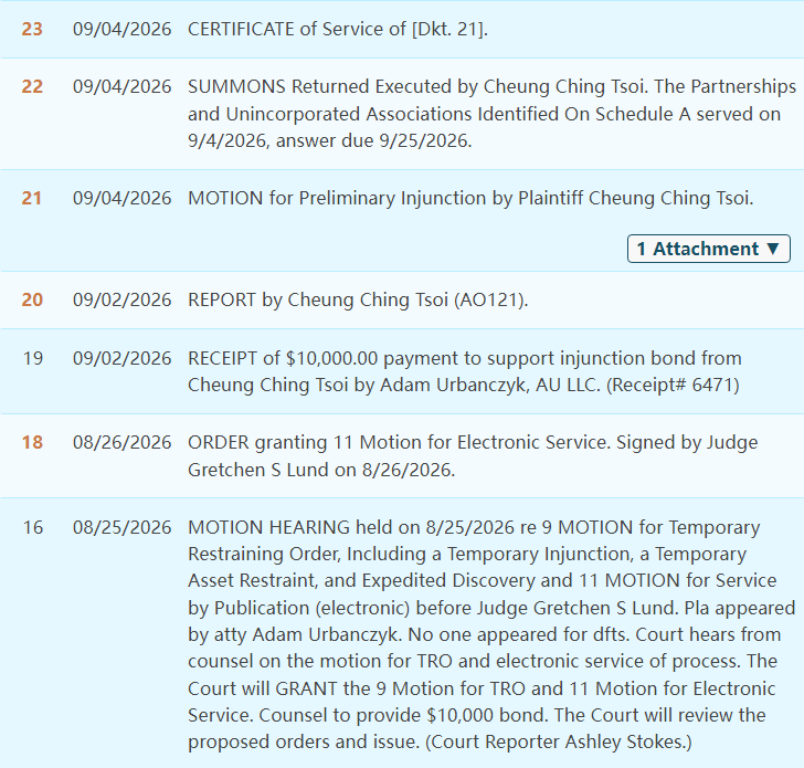 26-cv-00357钓鱼玩具版权案TRO已签发，15名被告立即排查