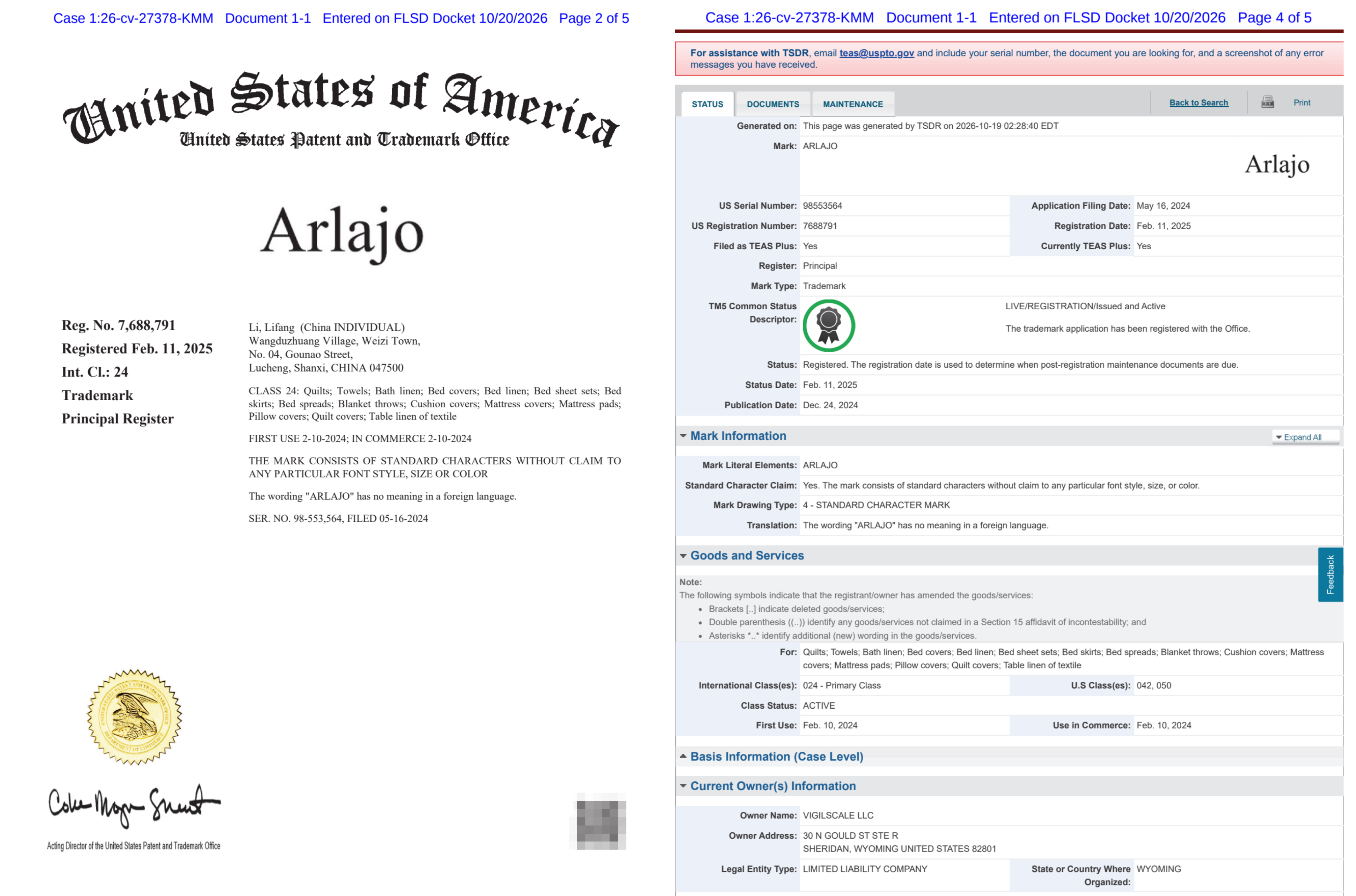 Arlajo家纺商标维权，26-cv-27378涉及28名卖家