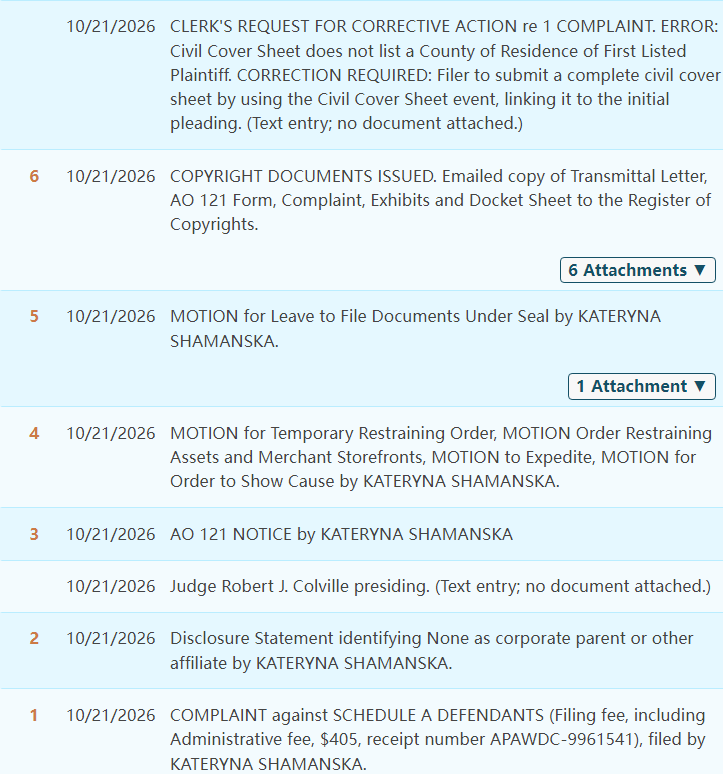 26-cv-02287 Kateryna Shamanska版权维权，147名卖家涉复古花卉图案，卖家立刻自查